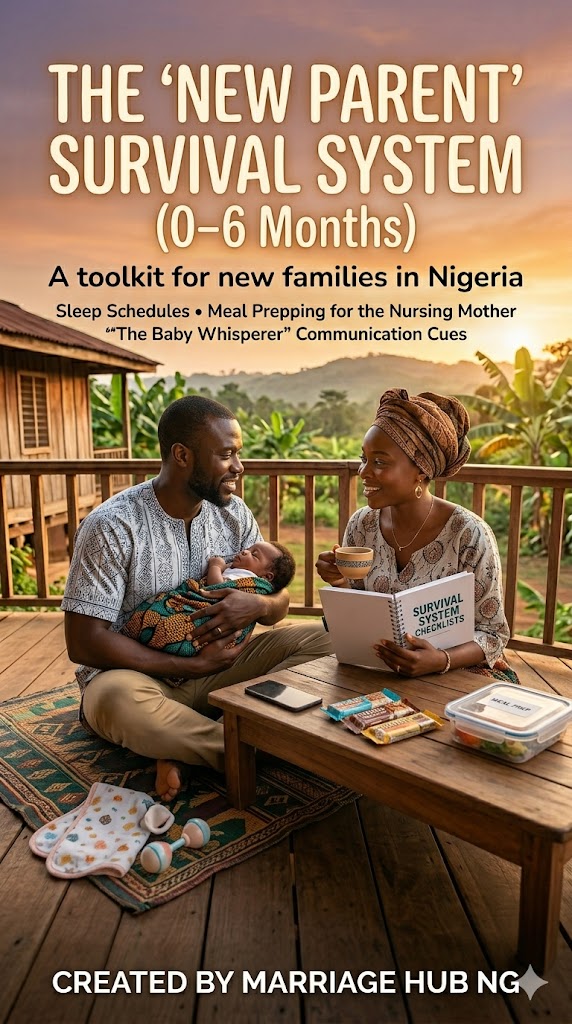The "New Parent" Survival System (0–6 Months). A toolkit specifically for new families in Nigeria, focusing on sleep schedules, meal prepping for the nursing mother, and "The Baby Whisperer" communication cues